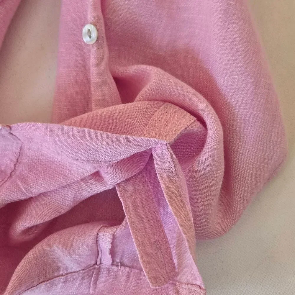 Sigrid Olsen Womens Collared Linen Long Sleeve Tunic Button Up Shirt Pink Sz 2X